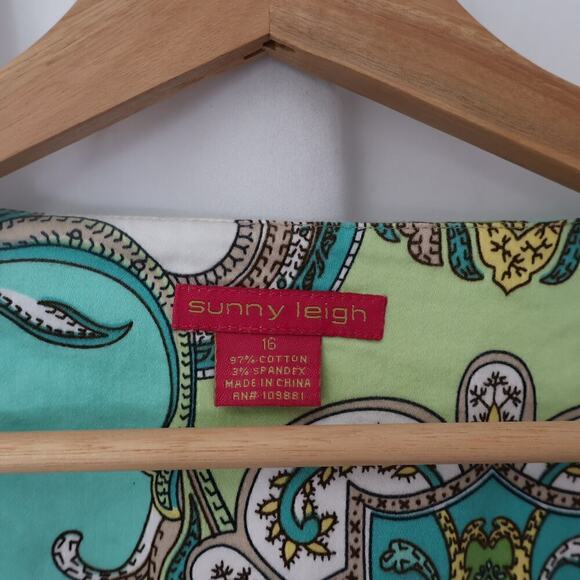 Sunny Leigh Linen Sheath Women Sz 16 Floral GreenYellowBlue Midi Sleeveless - Picture 12 of 16